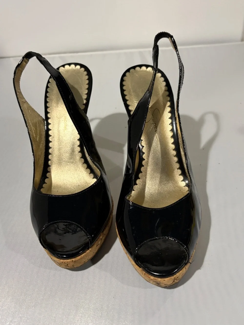 Jessica Simpson Black Patent Slingback Wedge Sandals with‎ Cork Platform